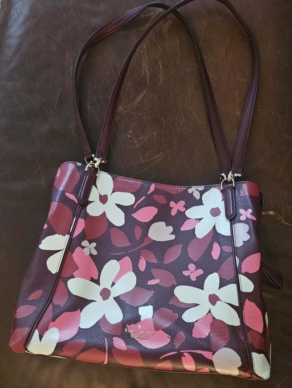 kate spade Burgundy Floral Leather Shoulder Bag with Pink & White Accents